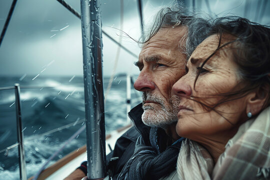 Couple on a boat in the ocean during a storm made with generative AI technology