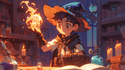 Wall Mural - a boy is practicing learning fire magic