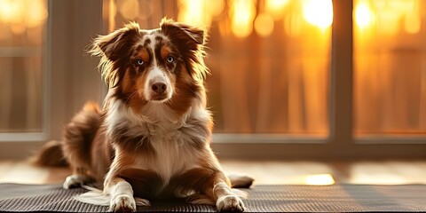 Sticker - Australian shepherd dog on yoga mat in sunlit minimal home interior. Concept Dog Photography, Interior Design, Dog Poses, Home Decor, Animal Yoga