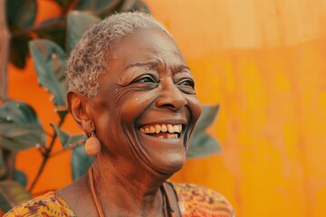 Wall Mural - authentic portrait of black woman, facial expression with bold vivid positive emotions, African-American model laughs, intense expression, people's diversity, grained photo in 90s style, AI generative