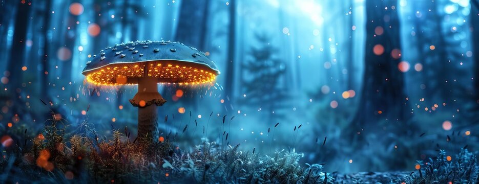 Glowing mushroom centered in a wide-angle, misty forest at night, surrounded by shimmering fog, vibrant bioluminescence casting soft shadows, serene and mystical ambiance, copy space above
