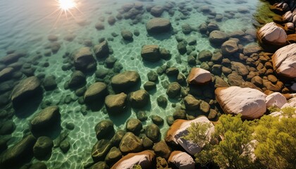 Wall Mural - Nature Photography, From the sky looking down above the water, Shallow calm clear water over rocky lake bed