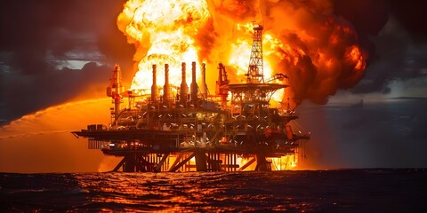 Canvas Print - Offshore oil rig fire emergency due to gas leak or explosion. Concept Offshore Oil Rig, Fire Emergency, Gas Leak, Explosion, Rescue Operation