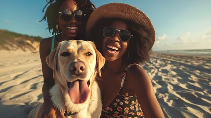 Wall Mural - authentic portrait of black women resting on beach with dog, facial expression with bold positive emotions, African-American female friends laughs, grained photo in 90s style, AI generate image