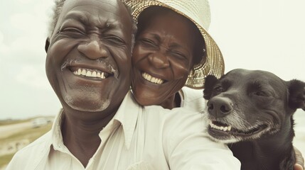 Sticker - authentic portrait of black elderly couple resting on beach with dog, bold intense positive emotions, African-American senior people laughs and taking selfie, grained photo in 90s style, AI generated