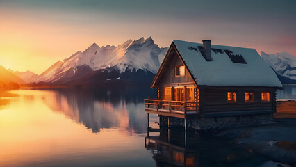 Wooden house on the side of beautiful lake and rocky mountain range.