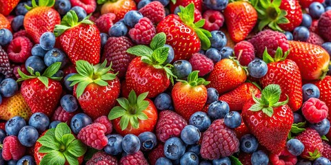 Canvas Print - A vibrant medley of fresh strawberries, raspberries, and blueberries piled high, creating a colorful and tempting display, berries, strawberries, raspberries, blueberries, fruit, fresh, ripe