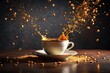 © Sompong - Cup of coffee with gold confetti splashes on dark background, coffee, cup, gold, confetti, splashes, dark, background, beverage, drink, celebration, elegant, stylish, luxury, morning