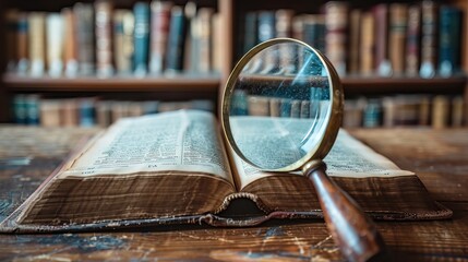 Magnifying glass on an open book on a wooden table in a library with space for text. Close-up