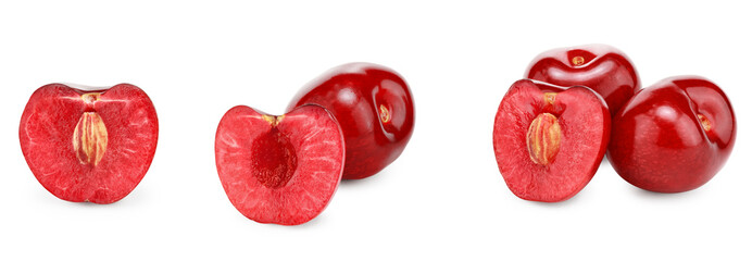 Wall Mural - red cherry fruits with slices isolated on white background. clipping path