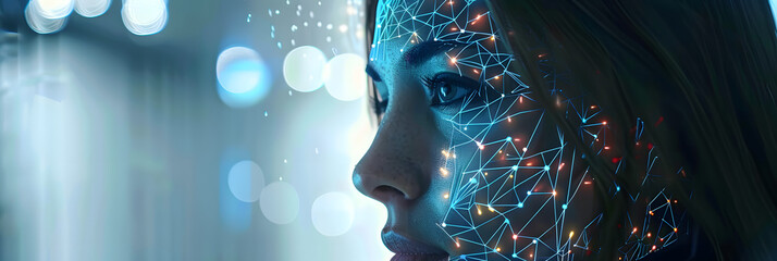 Poster - woman examines digital clone showcasing cybersecurity identity technology. concept cybersecurity, di