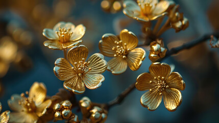 Wall Mural - This is a close-up image of a branch of golden flowers against a dark blue background