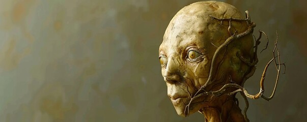 Poster - in a minimalistic studio setup, a humanoid bean sprout emerges from the skin, displaying its unusual
