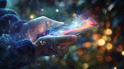 Poster - A person is holding a cell phone in their hand, with a bright light surrounding them. Concept of wonder and excitement, as if the person is experiencing something extraordinary through their phone