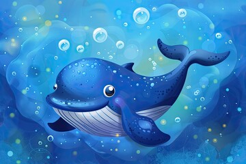 Wall Mural - cute blue whale cartoon smiling and swimming on blue background with air bubbles 