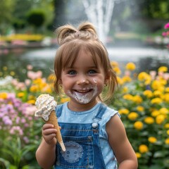 Wall Mural - A happy toddler with a pink iris flower in her hair is smiling while holding an ice cream cone in front of a beautiful fountain on a summer day. The green grass adds to the beauty of the scene AIG50