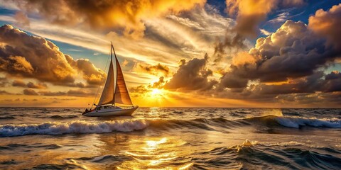 Wall Mural - A sailboat cuts through the golden waves of a sunset sea, with a sky of dramatic, swirling clouds, sunset, ocean, sailboat, waves, clouds, dramatic sky, golden light, water, horizon, sea, sky