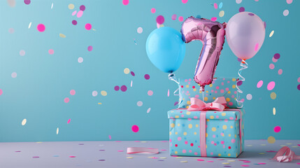 Wall Mural - The seventh birthday is a special day, so a gift in an elegant box with a balloon in the shape of the number 7, colorful confetti and bows on a delicate background of pastel colors