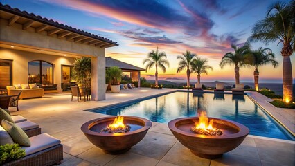 Wall Mural - A serene poolside at a luxury resort villa at dusk, with flickering fire bowls casting a warm glow against the twilight sky, luxury resort, villa, poolside, fire bowl, dusk, twilight