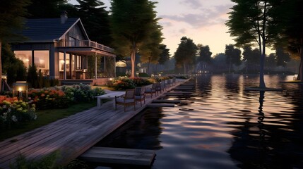 Wall Mural - Luxury villa in the middle of the lake at night