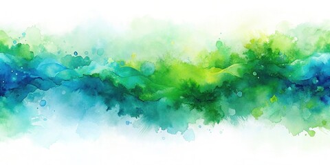 A mesmerizing abstract watercolor painting, flowing seamlessly from cool blues to vibrant greens, creating a serene and dynamic horizontal banner backdrop, abstract, watercolor, blue, green