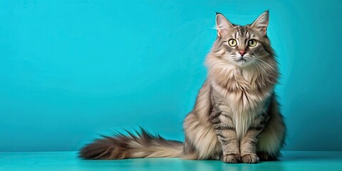 A sleek, emerald-eyed cat with a fluffy tail sits on a bright blue backdrop, its gaze fixed on something unseen, creating a striking contrast of colors, cat, green eyes, blue background, animal