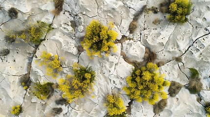 Poster - Top view of aerial view over alcarria landscape with contrasting patches of yellow blooming trees and intricate white limestone pavement : Generative AI