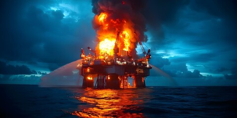 Canvas Print - Emergency situation oil rig fire on offshore petroleum production site. Concept Oil Rig Fire, Offshore Emergency, Petroleum Production, Crisis Management, Firefighting Techniques