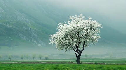 Wall Mural - White blooming tree in a green  meadow first blooming tree of the year : Generative AI