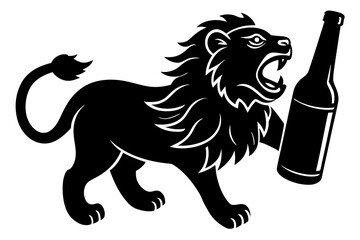 Canvas Print - A lion holds a bottle of beer in both hands silhouette vector illustration