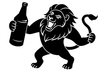 Canvas Print - A lion holds a bottle of beer in both hands silhouette vector illustration