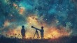 © komgritch - Two children stargazing with a telescope under a vibrant, star-filled night sky, capturing the wonder of astronomy and exploration.