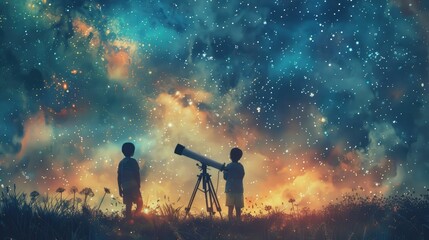 Two children stargazing with a telescope under a vibrant, star-filled night sky, capturing the wonder of astronomy and exploration.