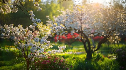Poster - Incredible ornamental garden with blooming lush trees on a sunny day Seasonal background Flowering orchard in spring time Scenic image of trees in dramatic garden Beauty of earth Ukrai : Generative AI