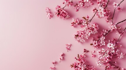 Wall Mural - Spring cherry tree in bloom creative layout Sakura pink flowers in springtime background Beauty in nature Design element Top view flat lay : Generative AI
