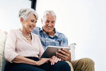 Poster - Browsing, tablet and old couple in living room in house with funny online movie streaming on website. Subscription, laughing and people in home with entertainment, social media and app in retirement.