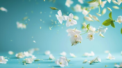 Poster - Jasmine bloom A beautifull white flower of Jasmine falling in the air isolated on blue background Levitation or zero gravity concept High resolution image : Generative AI