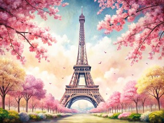 Wall Mural - Watercolor painting of the Eiffel Tower surrounded by cherry blossom trees in spring in Paris, Eiffel Tower, watercolor, painting, cherry blossom, trees, spring, Paris, France, art, pink