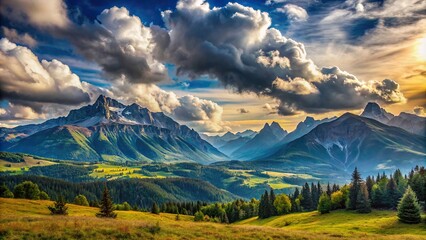 Wall Mural - Scenic mountain landscape with clouds in the background, nature, mountains, sky, clouds, scenery, peaceful, tranquil, beauty, natural, outdoors, serene, picturesque, panoramic