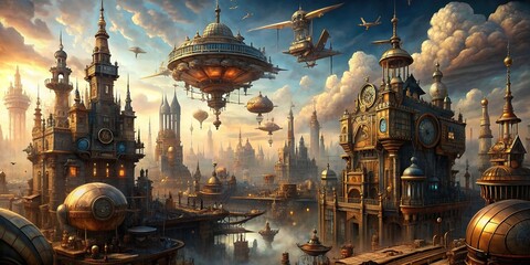 A bustling steampunk cityscape with towering clockwork structures, airships soaring overhead, and intricate gears and pipes decorating every surface , steampunk, cityscape, clockwork, airships