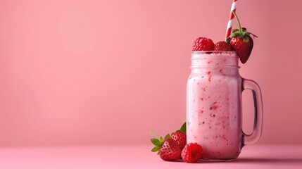 Wall Mural - Strawberry smoothie or milkshake in a glass jar with berries on a pink background a refreshing summer beverage