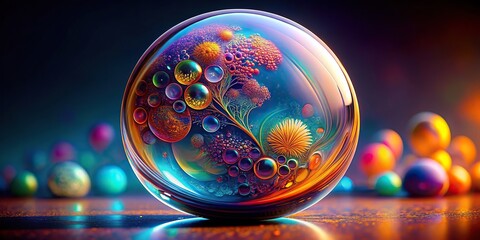 Wall Mural - A mesmerizing abstract image of a glass sphere resembling a Petri dish, reflecting vibrant colors and intricate patterns in stunning 8K resolution, 8k wallpaper, petri dish, abstract