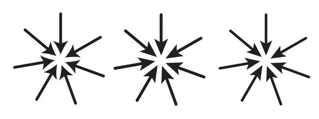 Three-way, two-way or one -way inward or outward pointing mini arrows. A symbol made from a trio of small black arrow shapes. Isolated on a white background