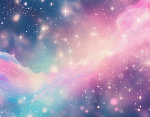 Wall Mural - Rainbow unicorn background. Pastel glitter pink fantasy galaxy. Magic mermaid sky with bokeh. Holographic kawaii abstract space with stars and sparkles