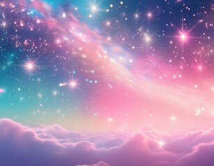 Wall Mural - Rainbow unicorn background. Pastel glitter pink fantasy galaxy. Magic mermaid sky with bokeh. Holographic kawaii abstract space with stars and sparkles