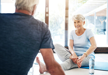 fitness, senior people and warm up in yoga studio for flexibility, rest and recovery. happy, couple 