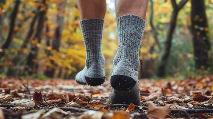 A young male who wears socks but no shoes ventures outside in a gray sock