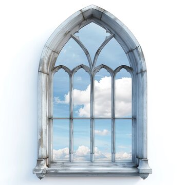 Ancient arched window isolated on a white background. Generative ai.p