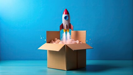 Wall Mural - A cardboard box, seemingly ordinary, sits on a vibrant blue background, but it's anything but mundane. A rocket, crafted from playful materials