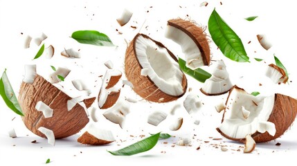 Wall Mural - Conceptual image of a coconut breaking into pieces with green leaves. Vibrant and dynamic style with an isolated white background. Perfect for food-related themes and tropical designs. AI